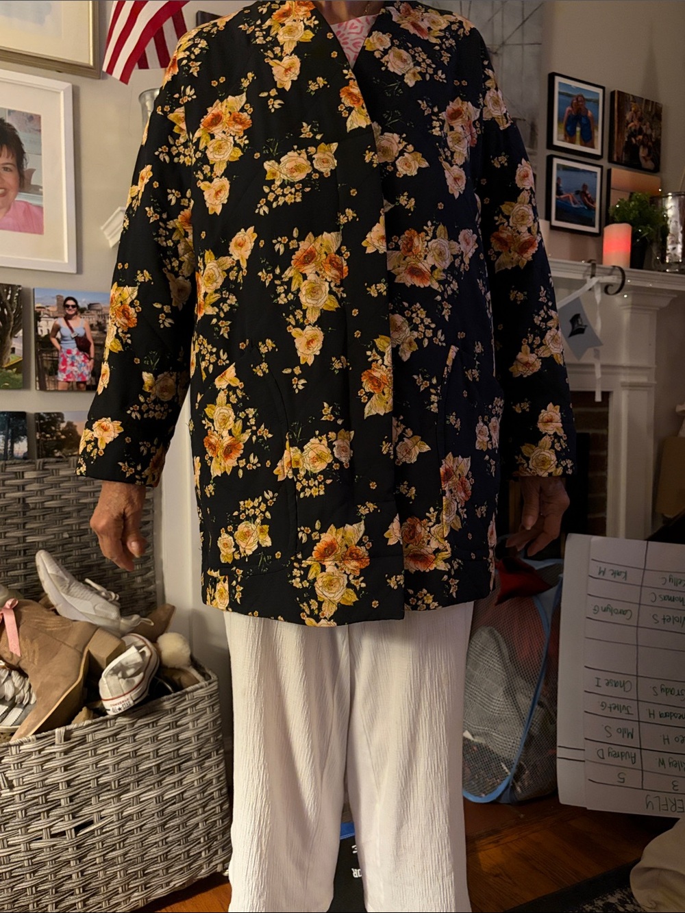 Zara Black Floral Long Jacket with Yellow & Orange Roses